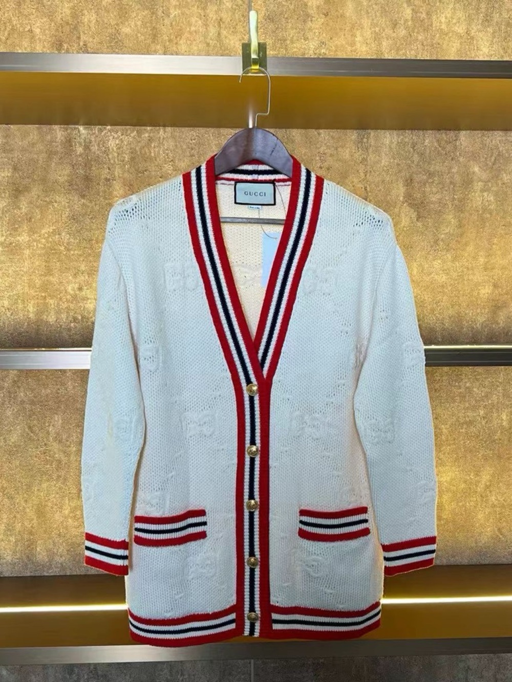 Authentic Gucci Cream Knit Cardigan with Red & Navy Stripe Trim